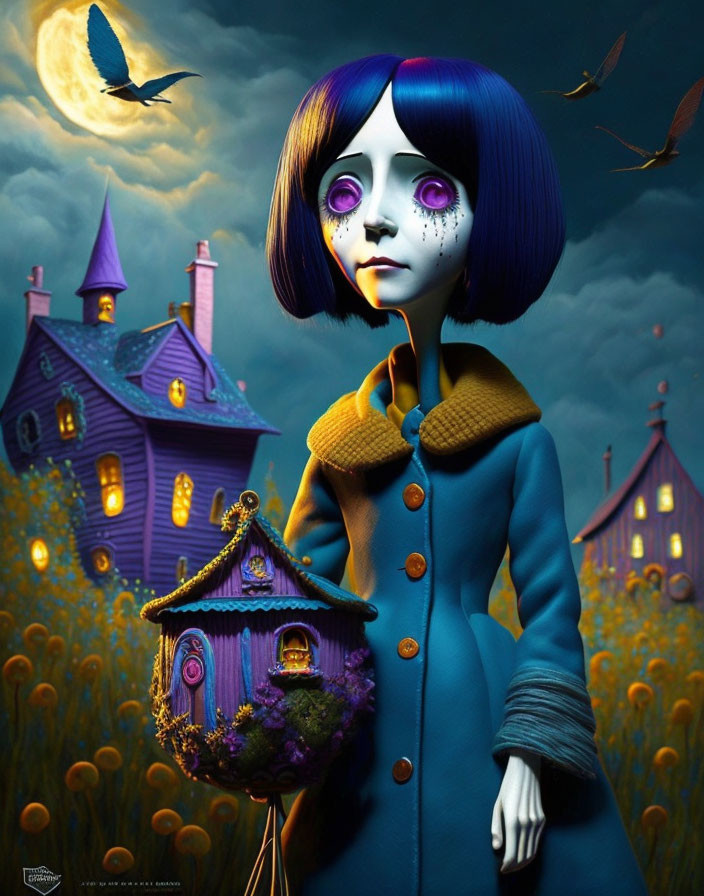 Illustration of girl with blue hair holding birdhouse among flying birds and surreal purple house