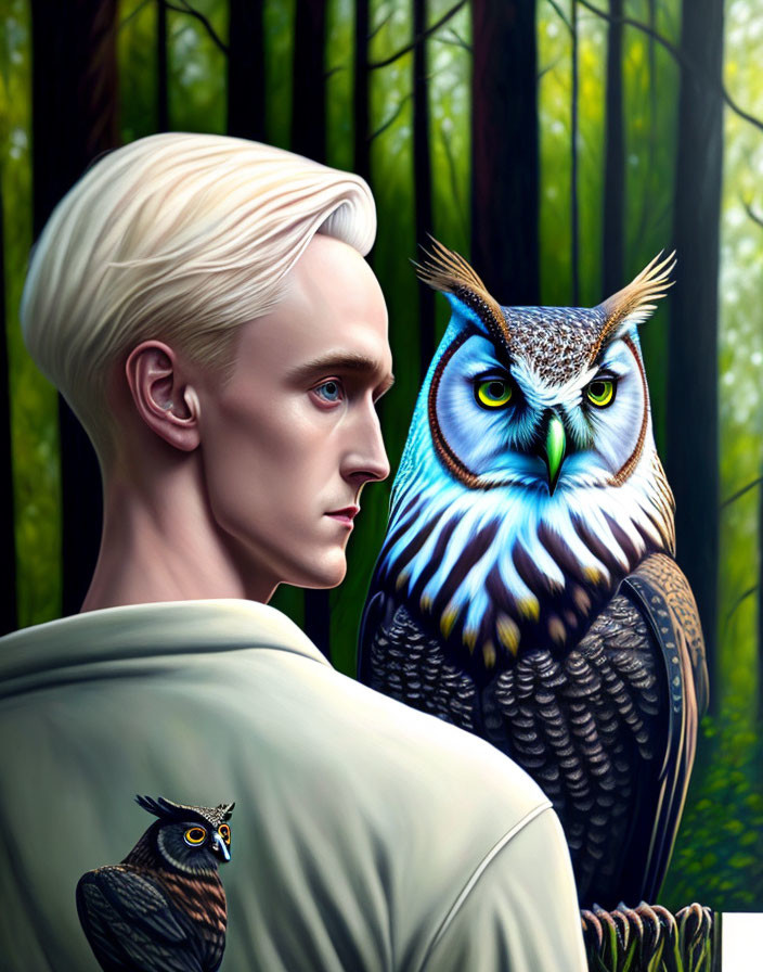 Man with Platinum Blond Hair and Colorful Owl in Forest