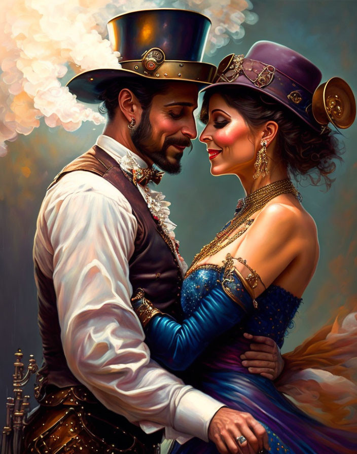 Victorian couple in steampunk attire with elaborate hats and decorative clothing pose romantically in dreamy