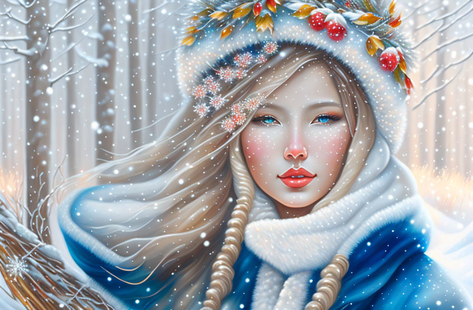 Blonde woman with berry wreath in blue cloak on snowy background