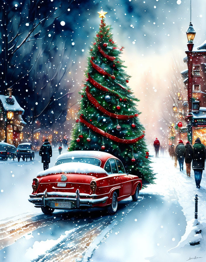 Vintage Red Car Parked Beside Snowy Christmas Tree