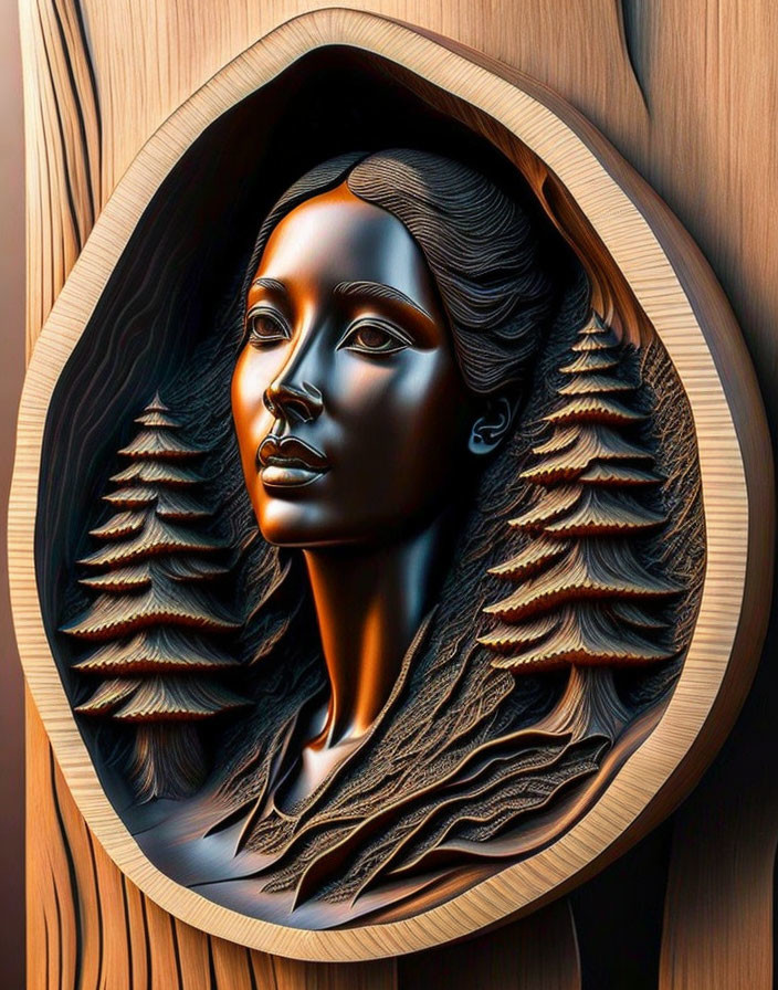 Stylized oval portrait of a woman with wood grain and tree silhouettes