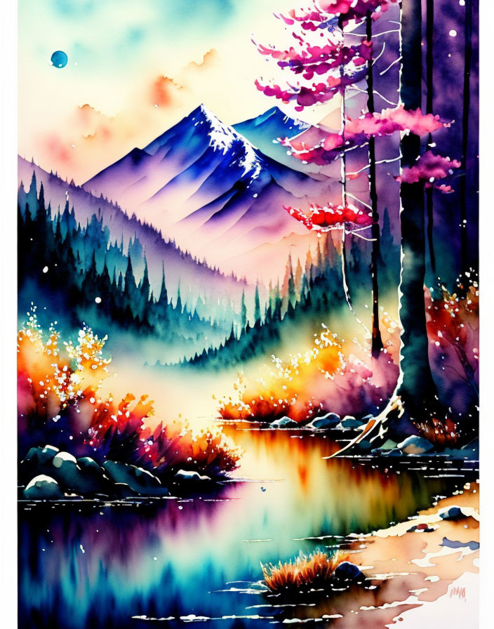 Mountainous Landscape Watercolor Painting with Pink Trees and Reflective Lake