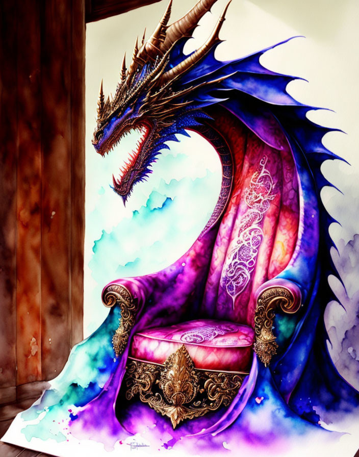 Majestic dragon with blue scales on ornate royal throne