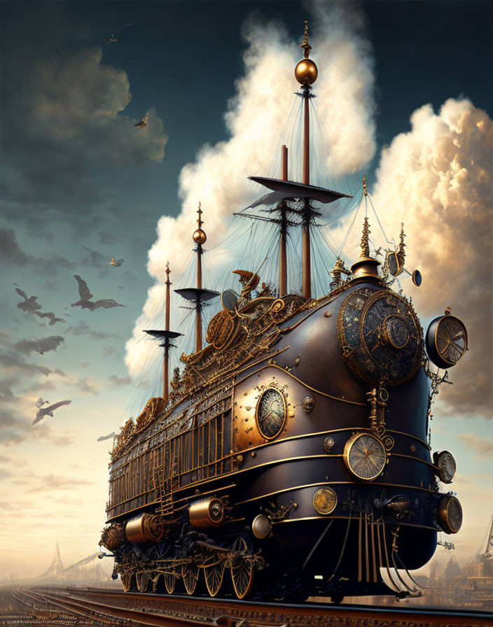 Steampunk ship on train tracks under cloudy sky with intricate metalwork.