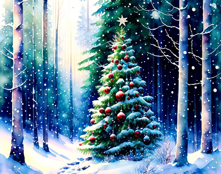 Decorated Christmas tree in snowy forest with red baubles and star topper