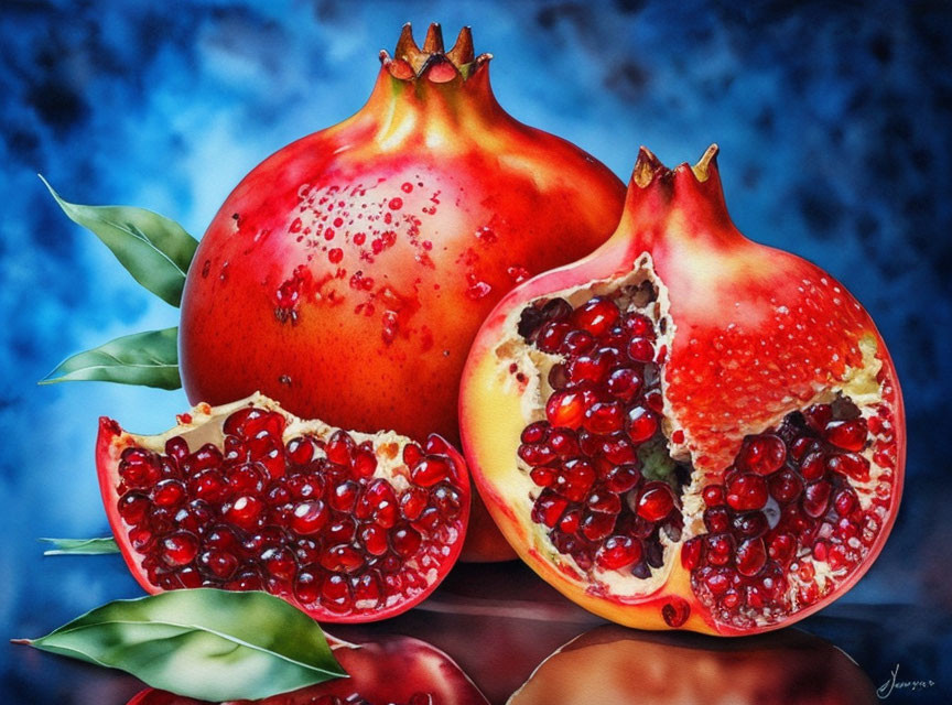 Colorful watercolor painting of whole and cut pomegranates with red seeds and green leaves on