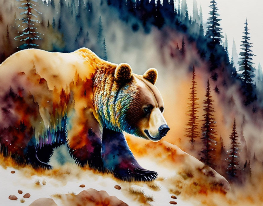 Colorful Watercolor Bear and Forest Landscape Merge