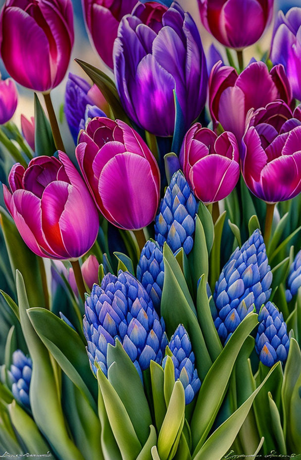 Colorful tulips and hyacinths in rich purple and pink shades with detailed textures and gradients.