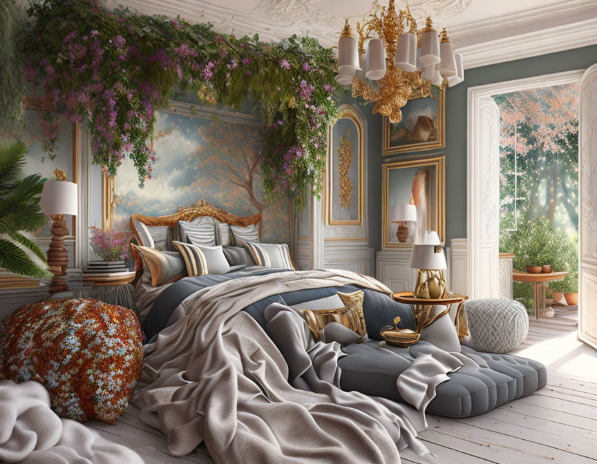 Luxurious Bedroom with Ornate Bed, Chandelier, Balcony View, and Lush Plants