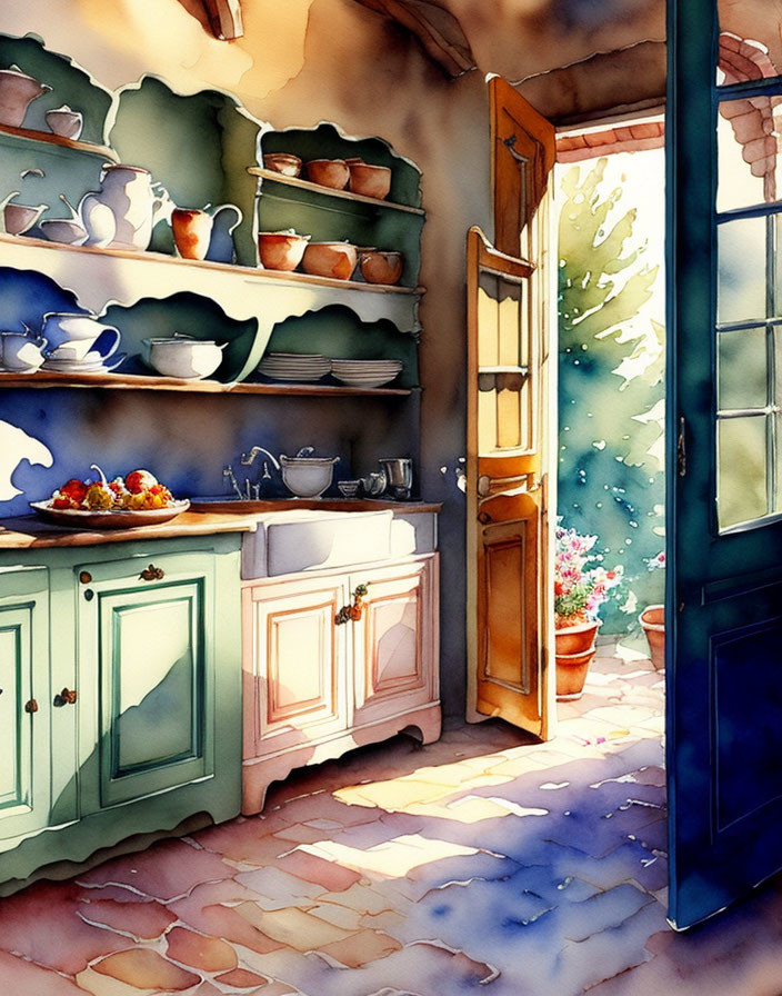 Sunlit Watercolor Painting of Cozy Kitchen with Wooden Shelves and Fruit Bowl