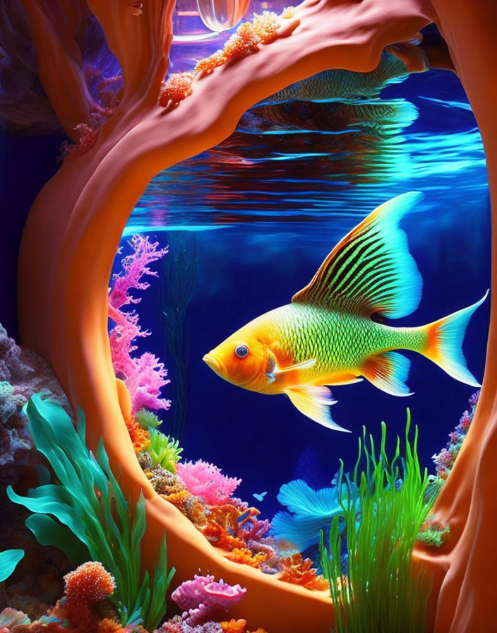 Colorful Underwater Scene with Vibrant Goldfish and Coral