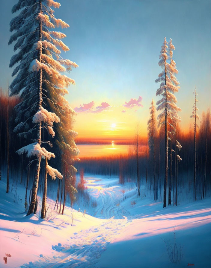 Winter scene: Snow-covered trees, frozen lake, sunset glow