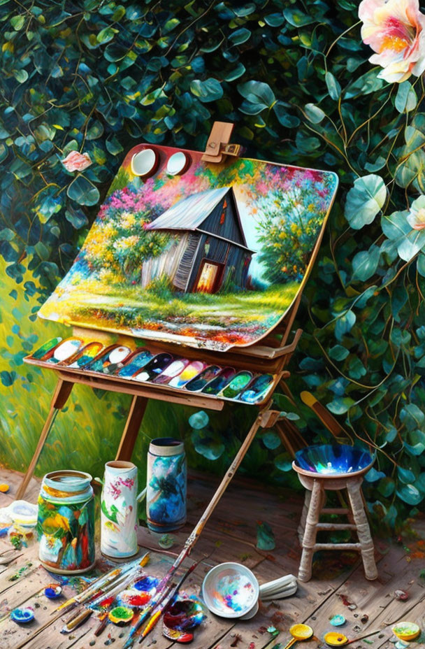 Colorful painting of a house on easel with paint jars and brushes