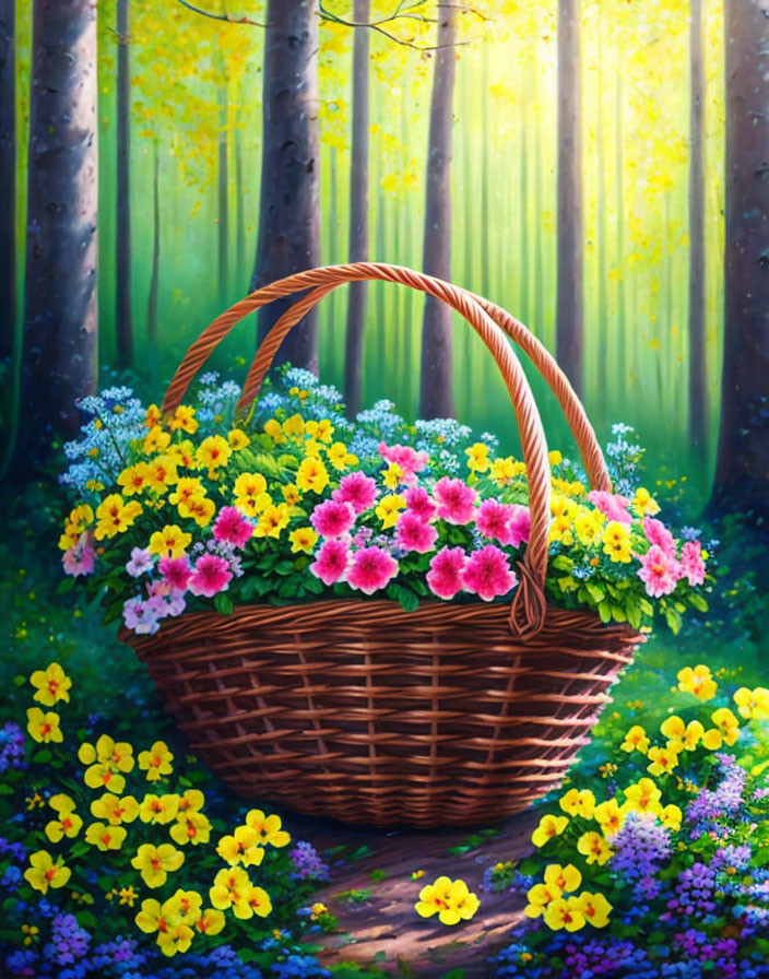 Wicker basket with pink and purple flowers in sunlit forest