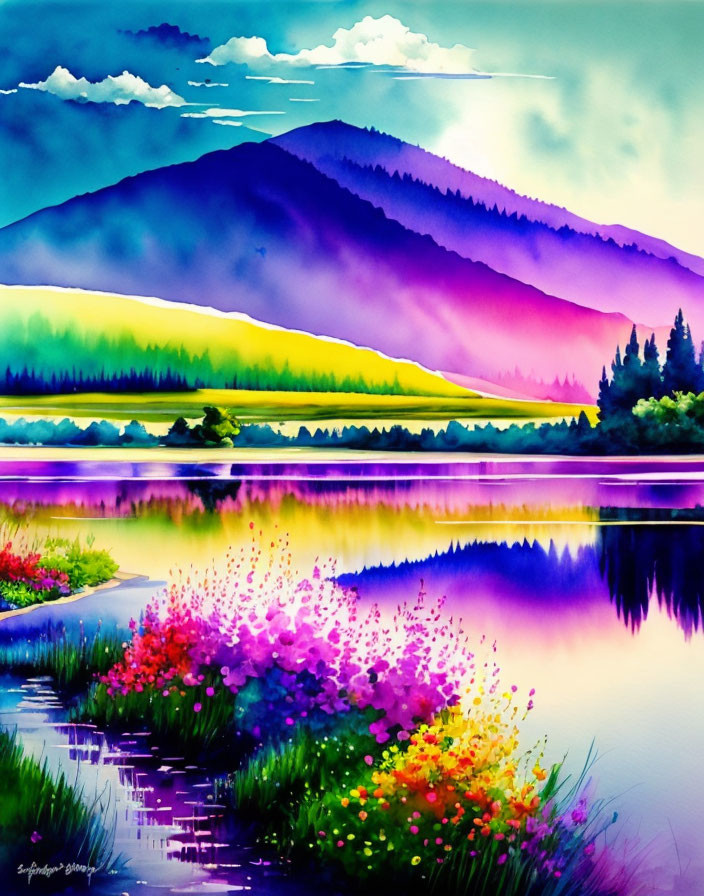 Scenic lake view with colorful flora, mountains, and vivid sky at dusk