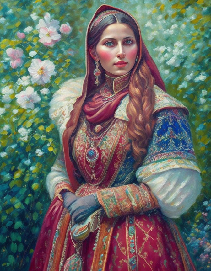 Traditional attire woman with headscarf against floral backdrop