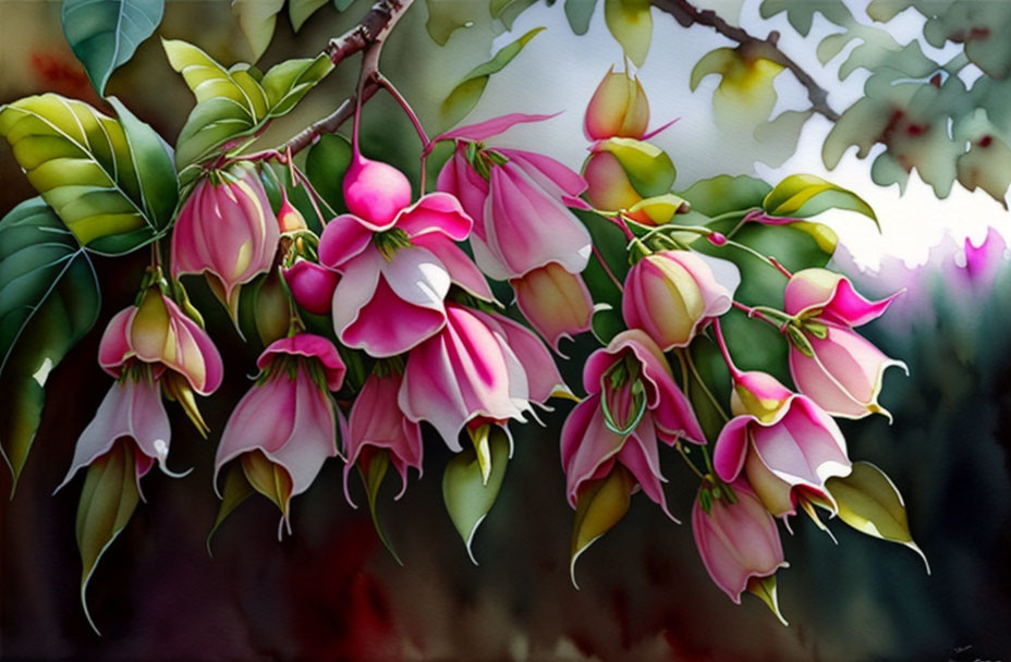 Vibrant pink and white fuchsia flowers on branch with green foliage