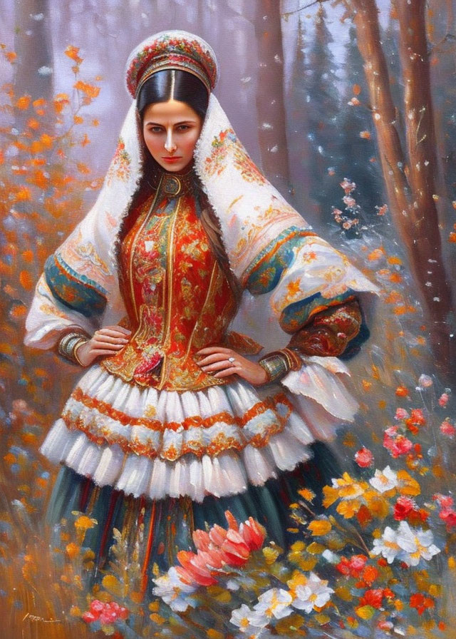 Traditional Folk Attire Woman Amidst Forest with Flowers