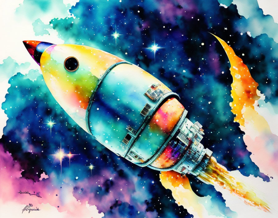 Colorful Watercolor Painting of Rocket in Starry Nebula