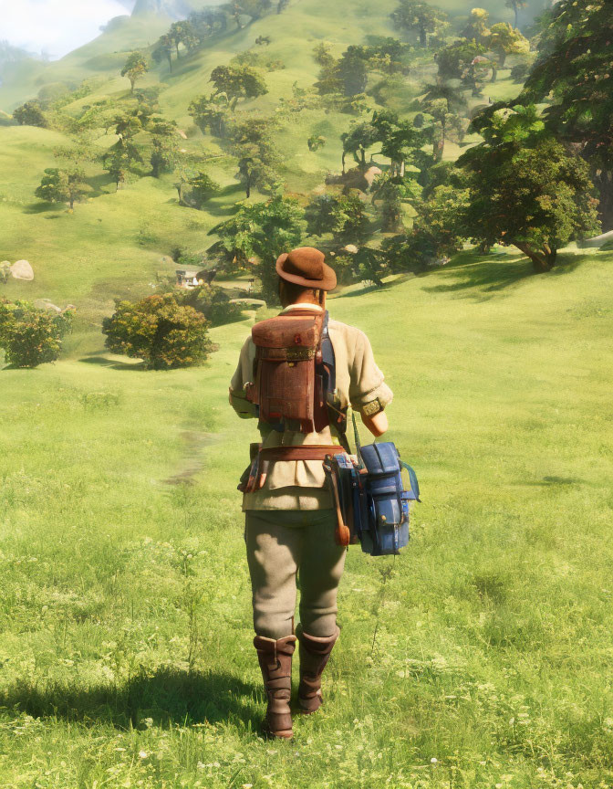 Vintage explorer in lush green field with backpack observing hill and trees under clear sky