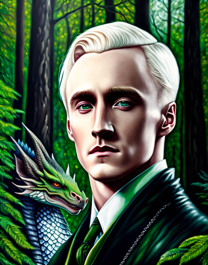 Blond man with green dragon in forest portrait