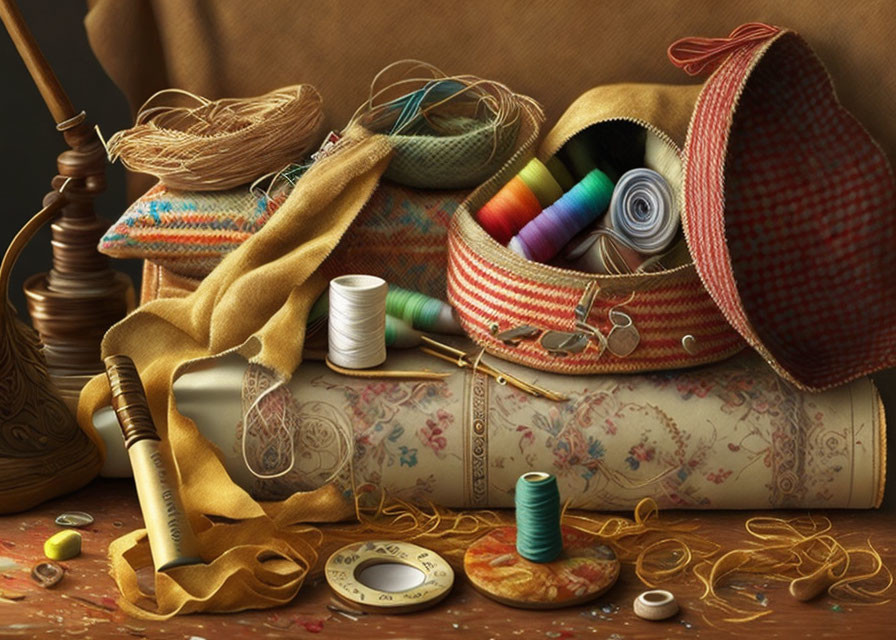 Colorful vintage sewing setup with threads, needles, buttons, and fabric.