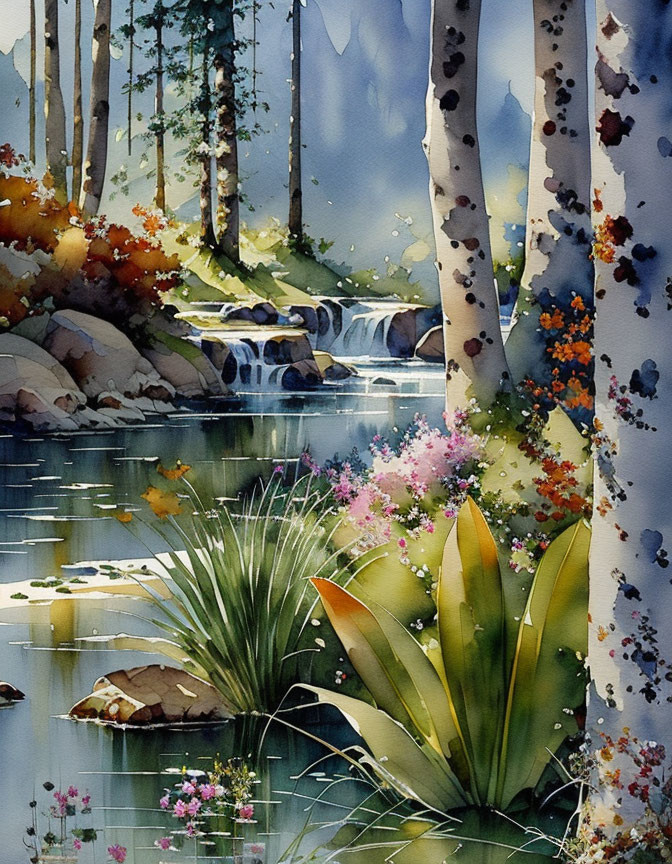 Serene woodland scene with cascading stream & birch trees