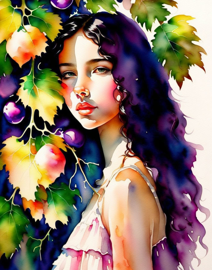 Colorful Watercolor Painting of Girl in Grapevines with Wavy Hair