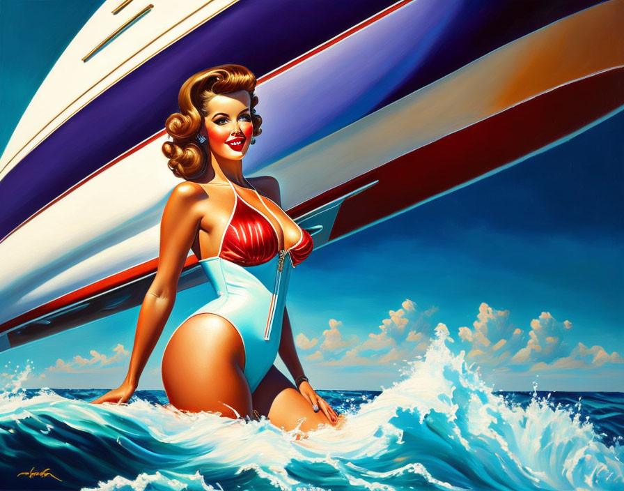 Illustration of Smiling Woman in Vintage Swimsuit by Sailboat