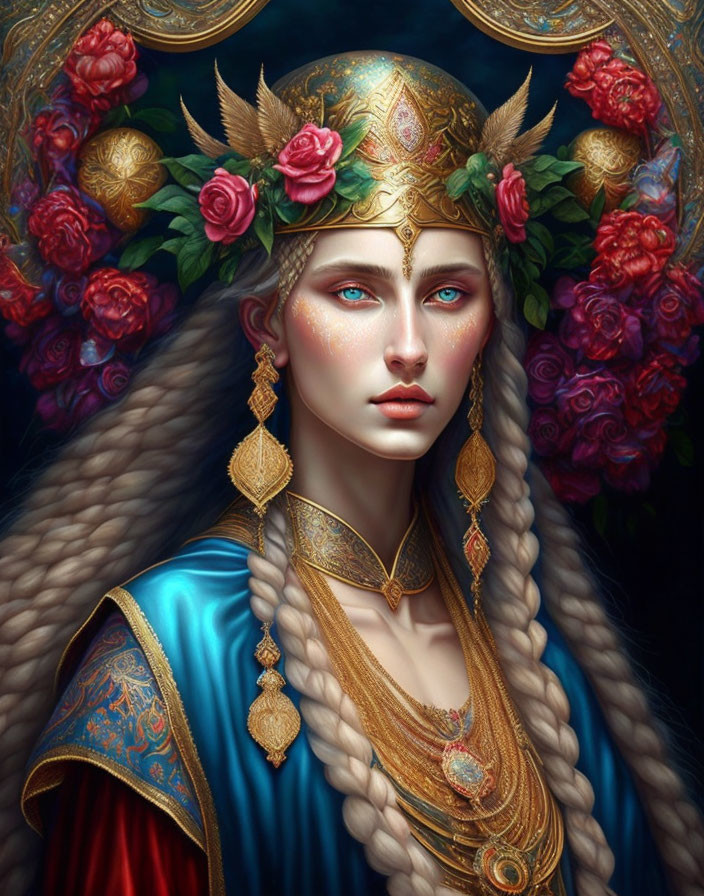 Fantasy portrait of elf-like woman with golden crown and blue robe