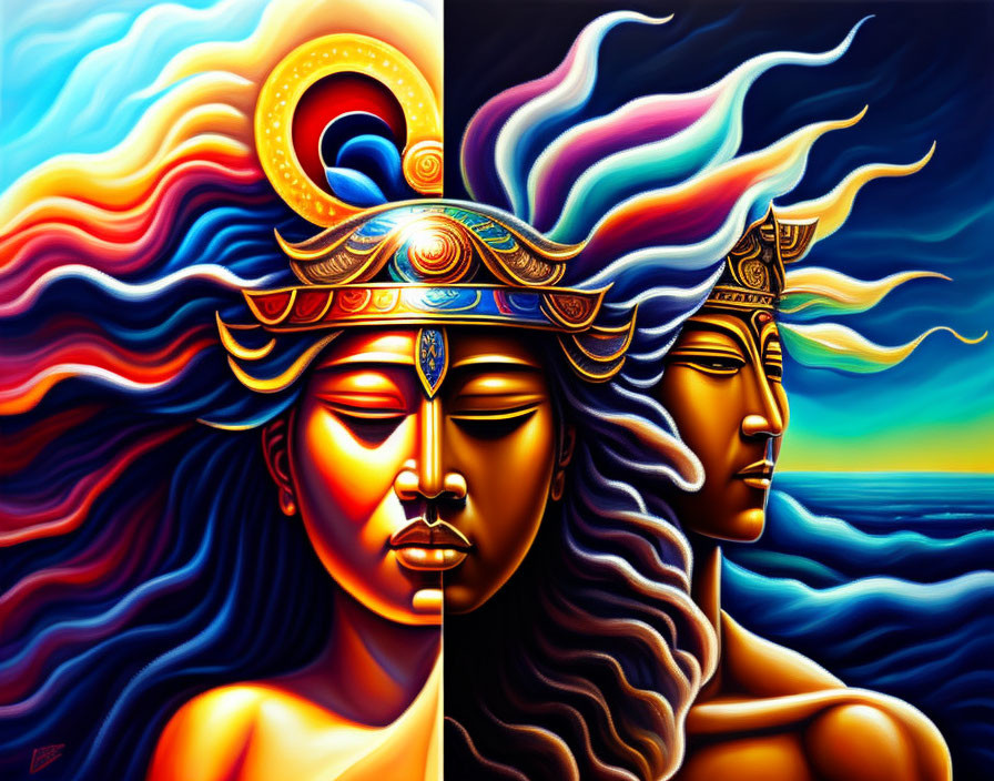 Colorful artwork: stylized faces, flowing hair, intricate headdresses, sun-moon motif,