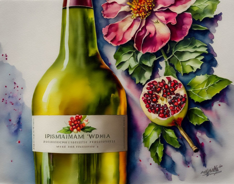 Vibrant watercolor painting of wine bottle, flowers, and pomegranate