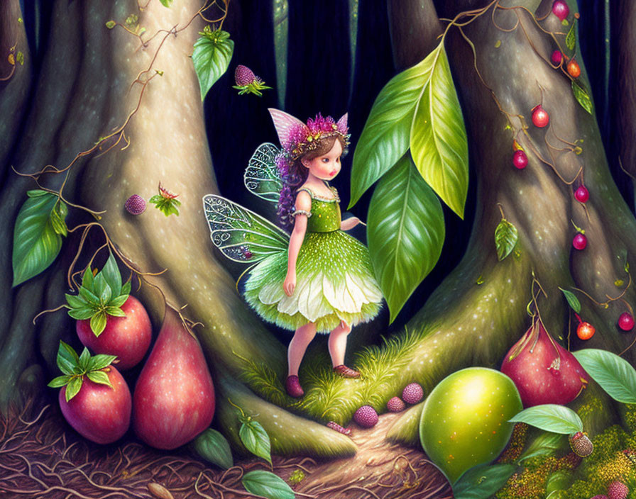 Translucent-winged fairy in leafy dress among giant fruits in enchanting forest