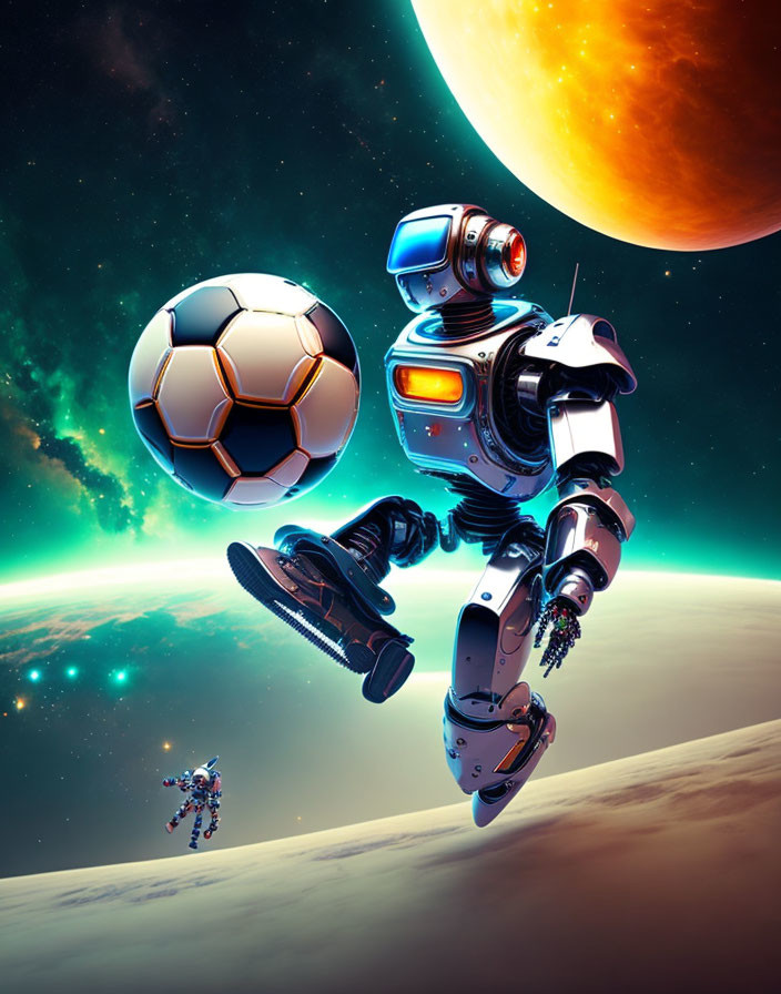 Robot in space playing soccer near large planet with another robot and stars.