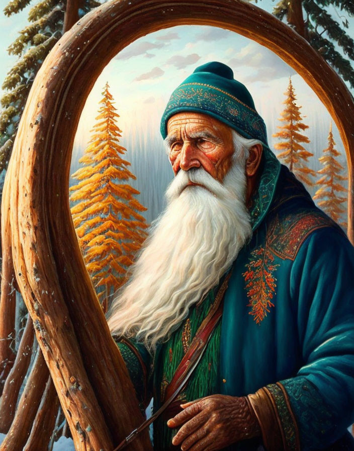 Elderly Man in Teal Cloak with White Beard and Staff by Pine Trees