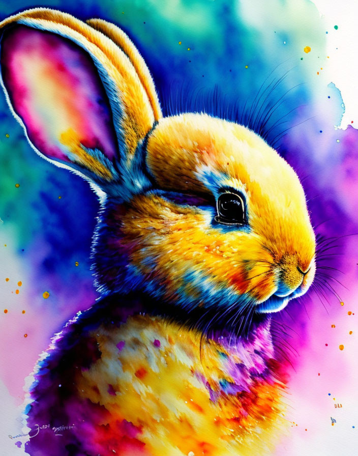 Vibrant watercolor painting of a colorful rabbit in blue, purple, yellow, and orange hues