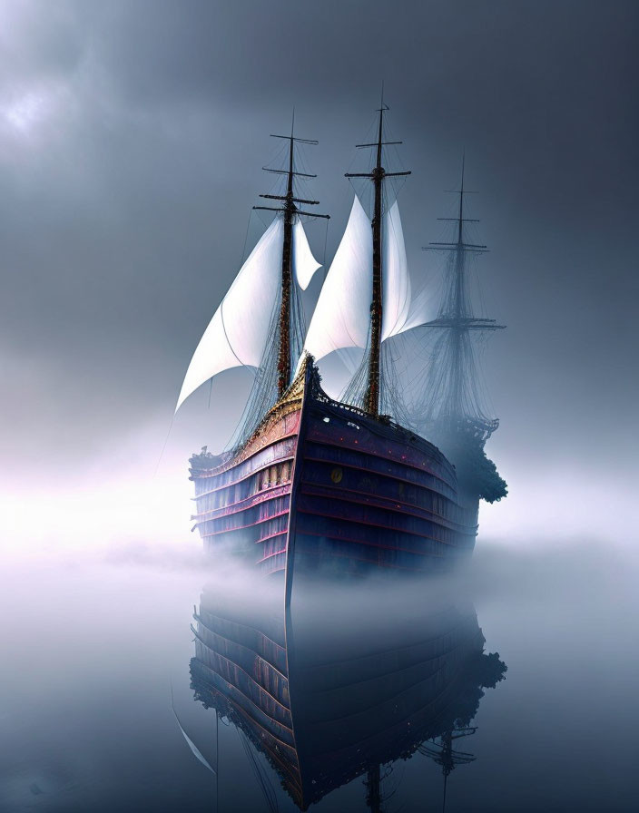 Majestic sailing ship on mirror-like water in mystical fog