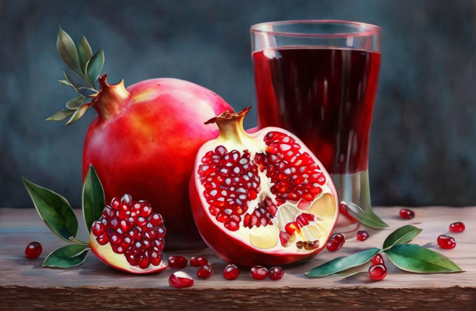 Detailed Still Life Painting of Pomegranates and Juice