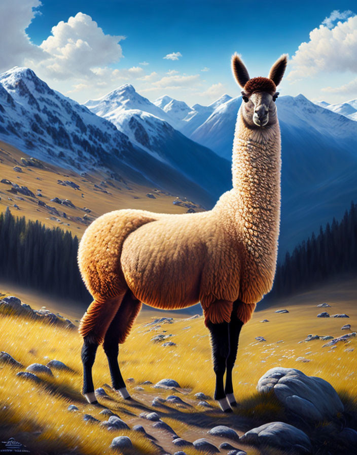 Majestic llama on grassy path with snowy mountains and blue sky