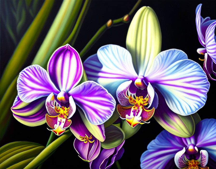 Colorful digital painting of purple and blue orchids with yellow accents on dark background