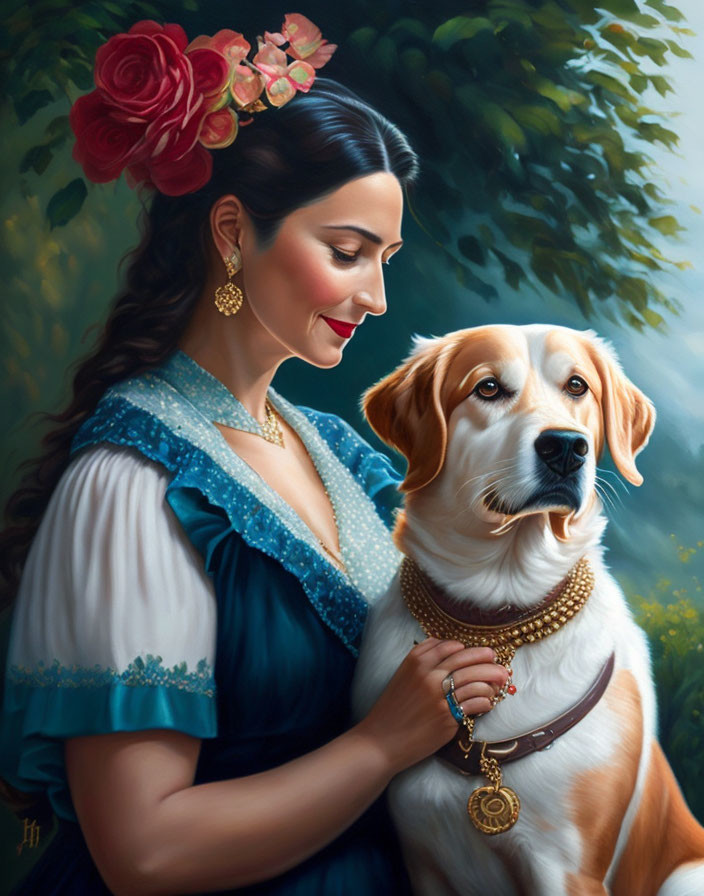 Elegant woman with rose in hair and dog with brown and white coat in serene scene