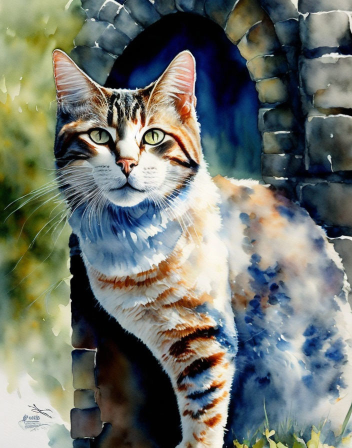 Tabby Cat Watercolor Painting by Stone Archway