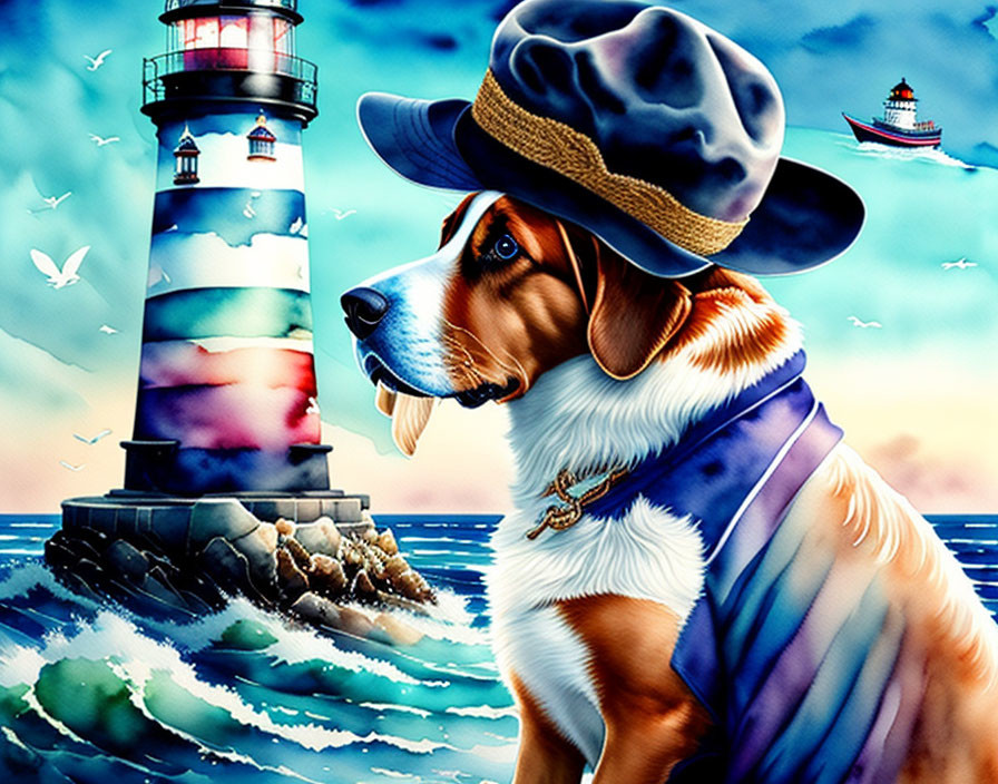 Dog in pirate attire by lighthouse with ship and birds.