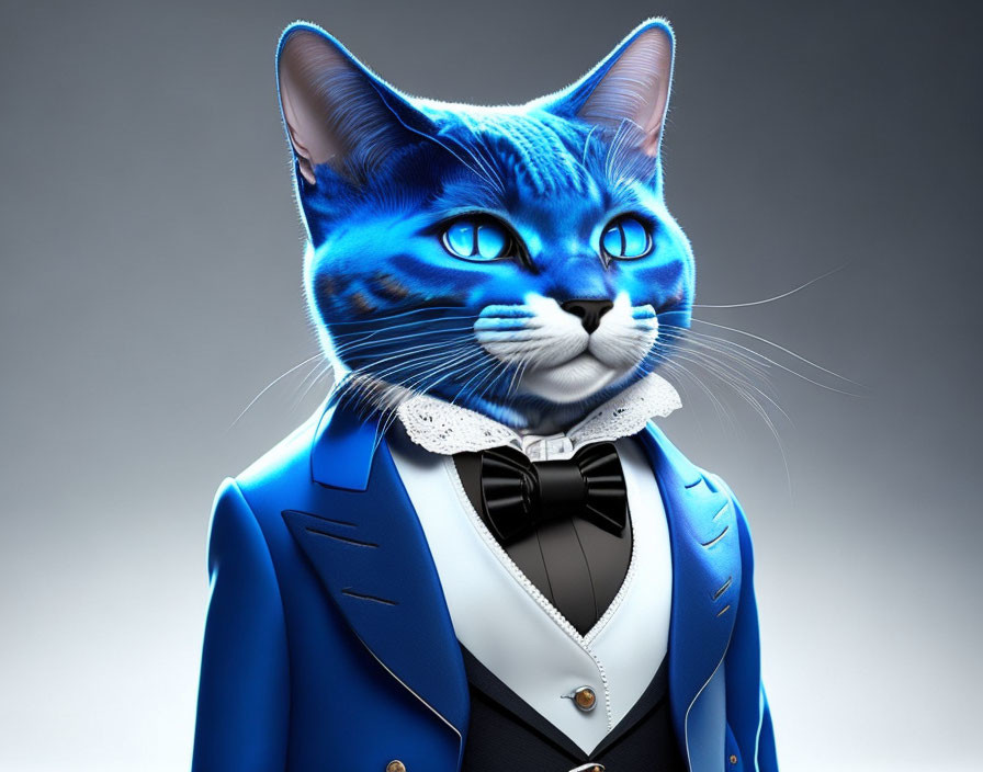 Blue cat in formal attire with human-like eyes and bow tie.