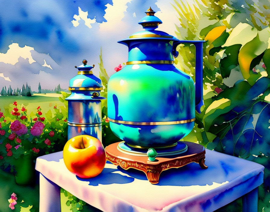 Colorful Still Life Painting with Blue Teapot, Apple, and Garden Background