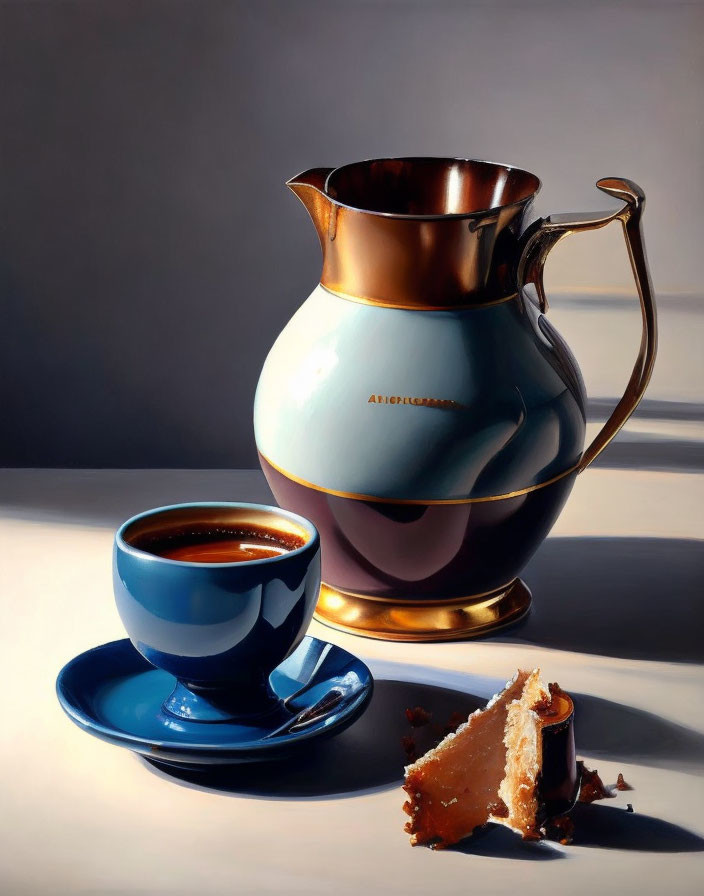 Blue and Gold Pitcher with Coffee Cup and Cake Still Life Painting