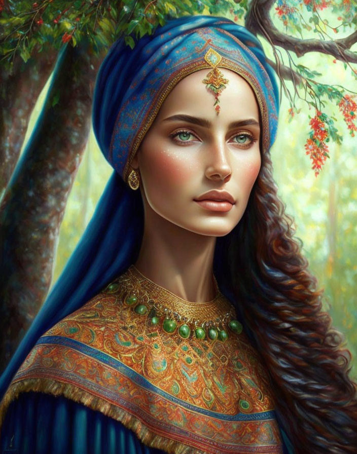 Digital art portrait of woman with long wavy hair, blue headwrap, ornate jewelry, detailed