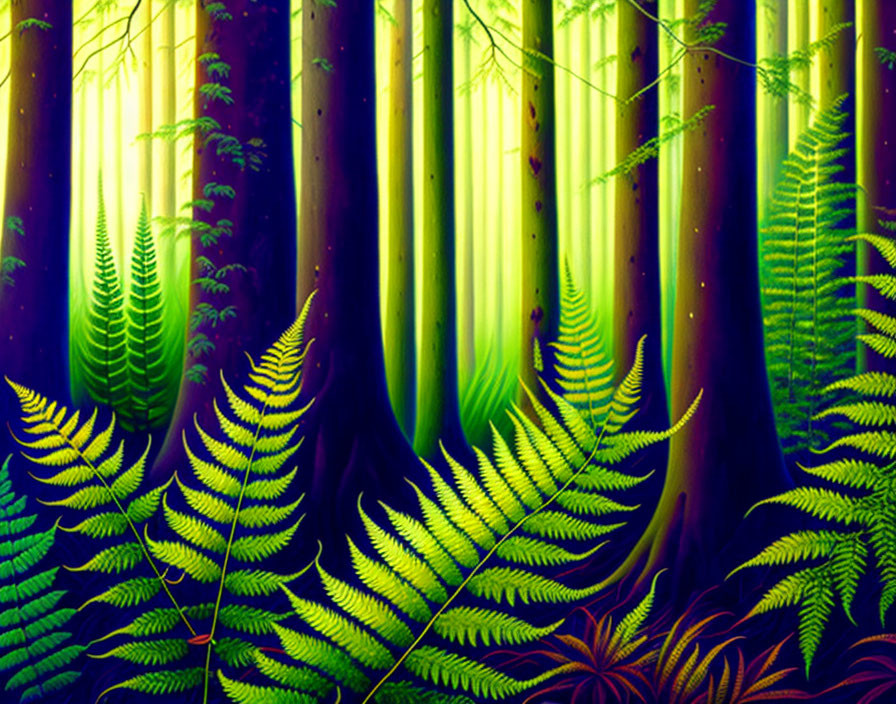 Lush Green Forest Digital Artwork with Sunbeams