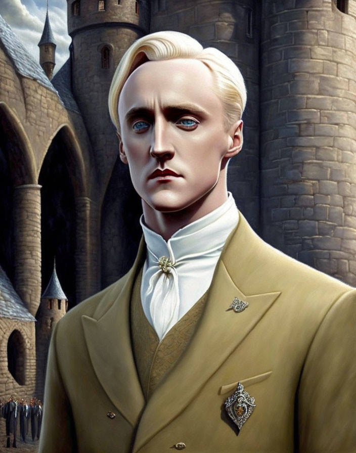 Man with Platinum Blonde Hair in Beige Coat and Crest Brooch